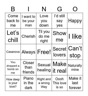 80s R&B Love Songs Bingo Card