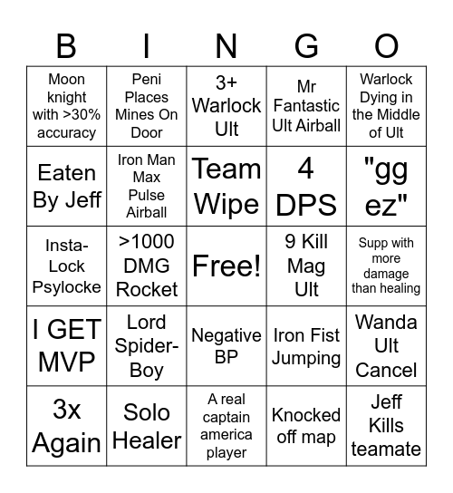 Marvel Rivals Bingo Card