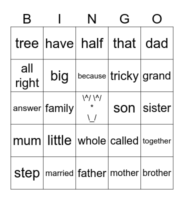 Family Words Bingo Card
