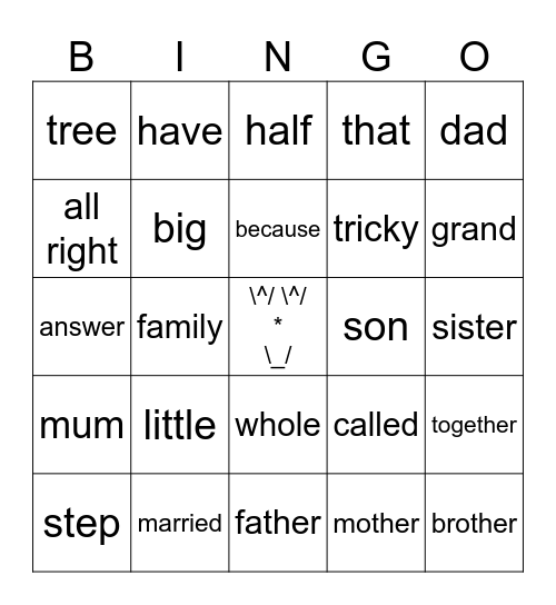 Family Words Bingo Card