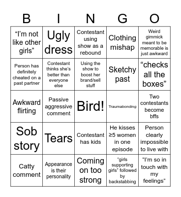 Birding the Bachelor Bingo Card