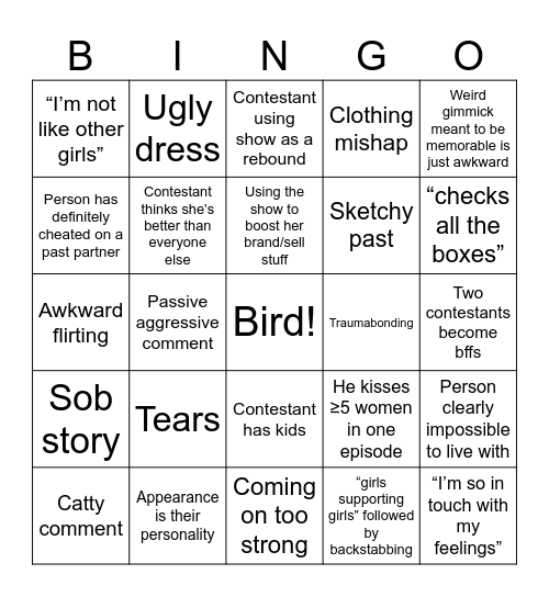 Birding the Bachelor Bingo Card