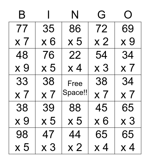 2 digit by 1 digit Multiplication Bingo Card