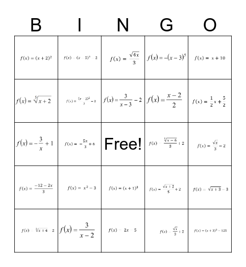 Inverse Functions (Q/A) Bingo Card