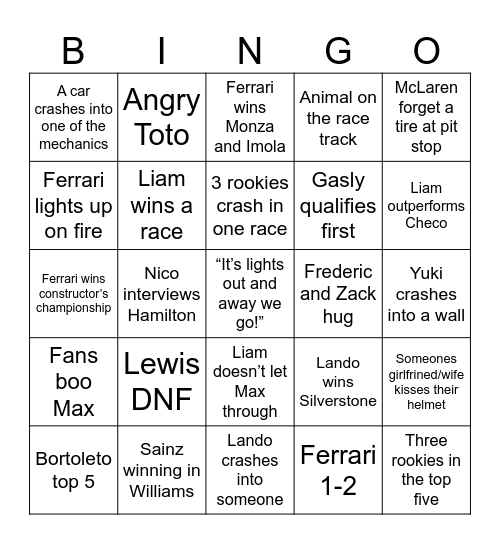 F1 Bingo Card