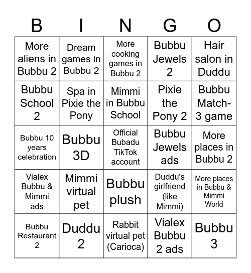 Bubadu Predictions Bingo Card
