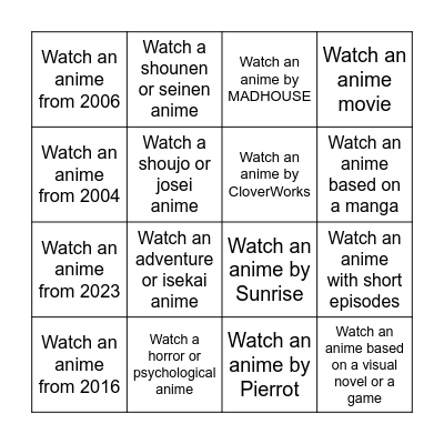 Anime Bingo Challenge Bingo Card