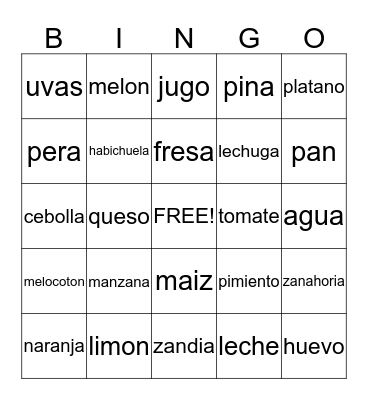 Spanish Food Bingo  Bingo Card