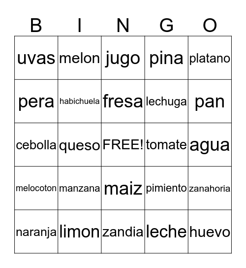 Spanish Food Bingo  Bingo Card