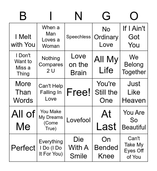 Loooveeeee Songs Bingo Card