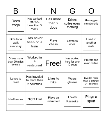 AOC Ice Breaker Bingo Card