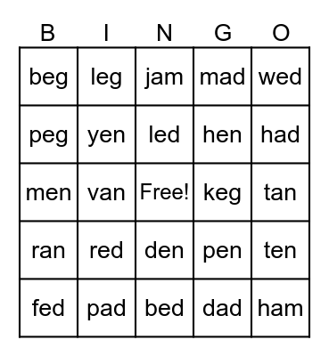 Word Family Bingo Card