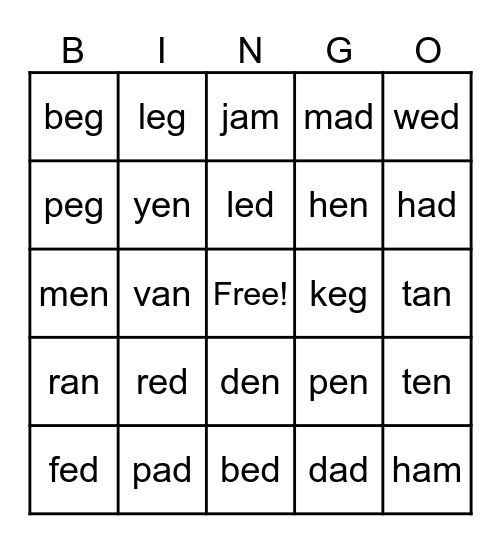 Word Family Bingo Card