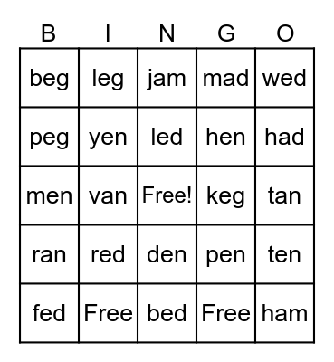 Word Family Bingo Card