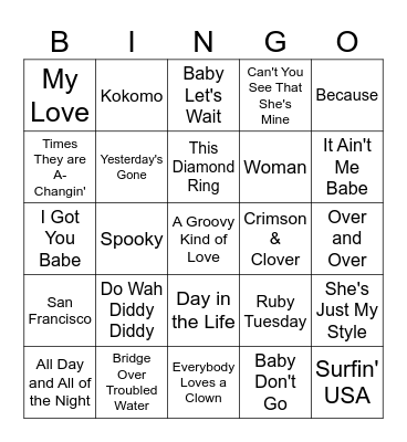 MORE 60's HITS Bingo Card
