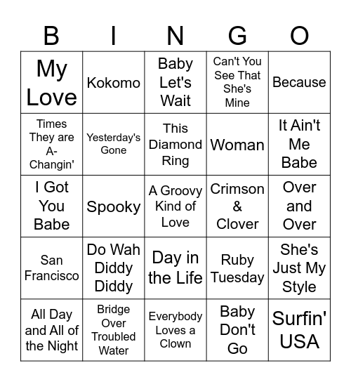MORE 60's HITS Bingo Card