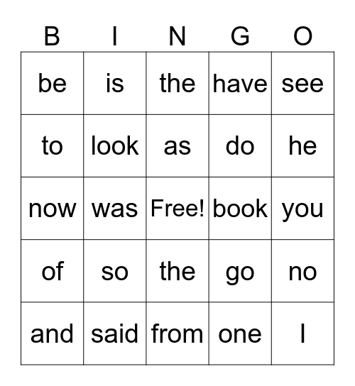 Heart Words Bingo Card