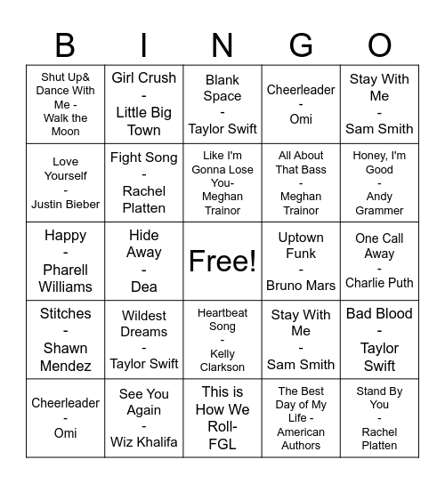 Pop Music Bingo Card