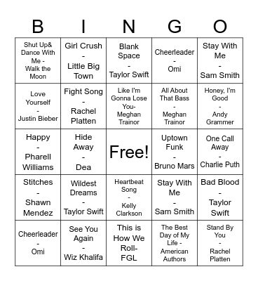 Pop Music Bingo Card