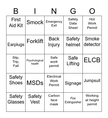 Safety bingo Contest Bingo Card