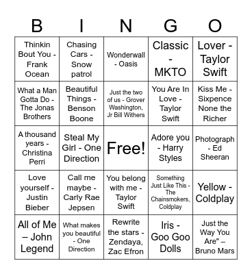 Love Song Bingo Card