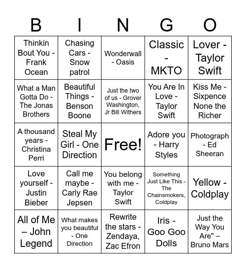 Love Song Bingo Card