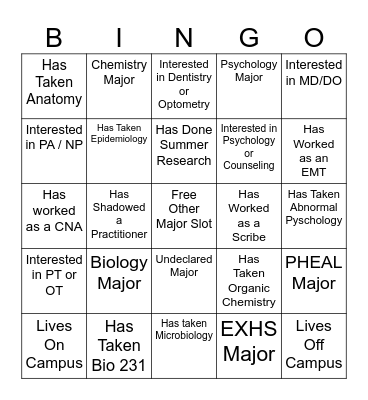 Health Professions Social Bingo Card