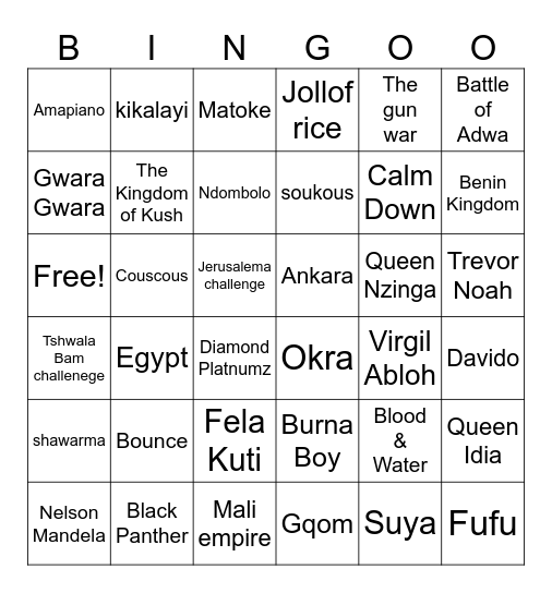 ASU AfriBingo!! Bingo Card