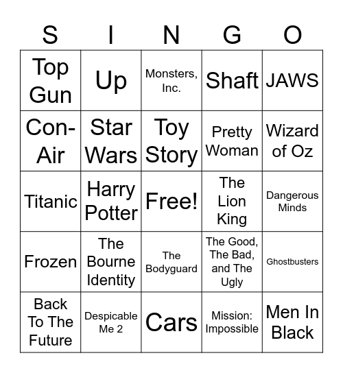 SINGO - Movie Themes Bingo Card