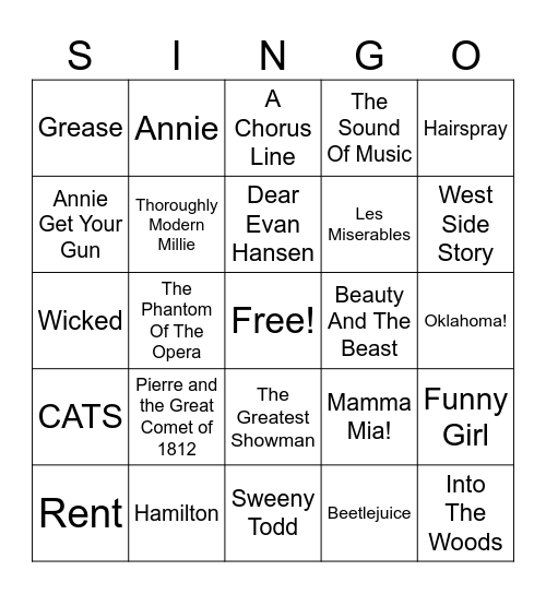 SINGO - Broadway Music Bingo Card