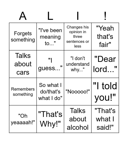 Ali catchphrase bingo Card