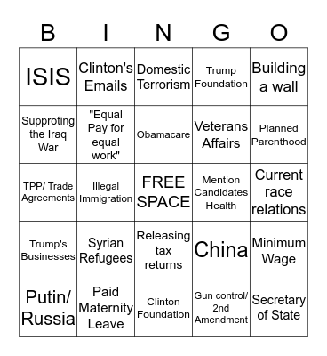 1st Presidential Debate BINGO Extra Credit Bingo Card