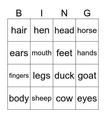 Animals and body parts Bingo Card