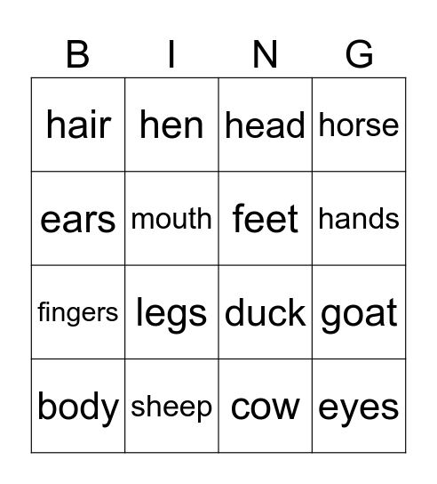 Animals and body parts Bingo Card