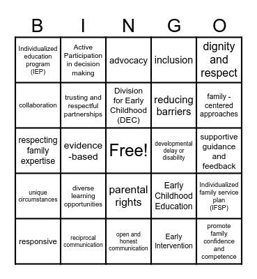 Partnering with Families BINGO Card