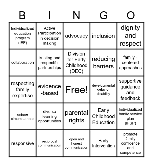 Partnering with Families BINGO Card