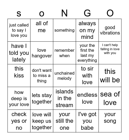 Love Songs Bingo Card