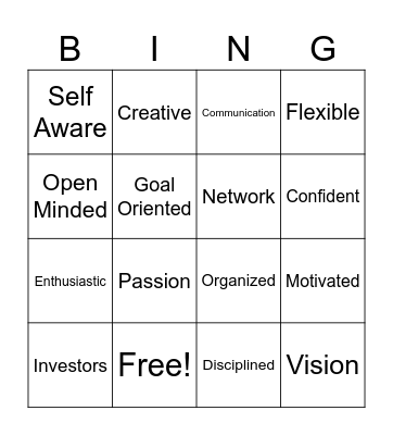 Characteristics of an Entrepreneur Bingo Card