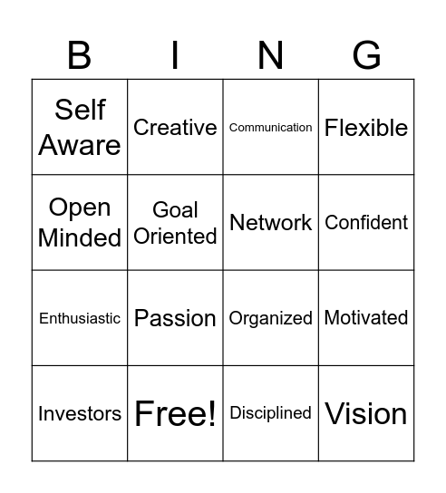 Characteristics of an Entrepreneur Bingo Card