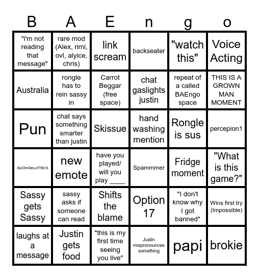 BAEngo Bingo Card