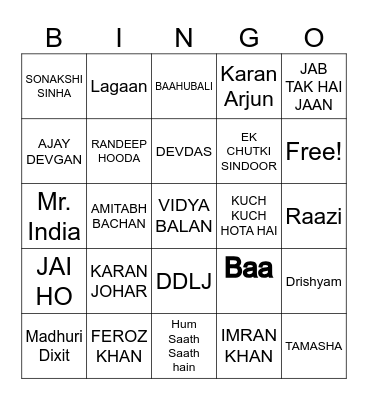 Bollywood Bingo Card