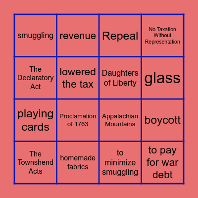 No Taxation Without Representation Bingo Card