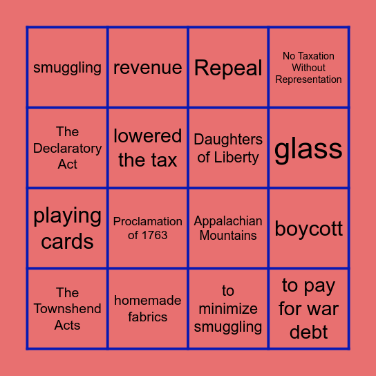 No Taxation Without Representation Bingo Card