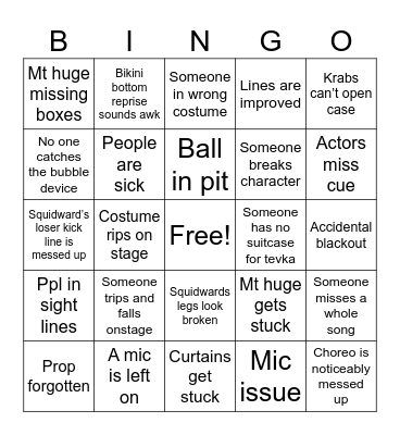 Possible Mishaps Bingo Card