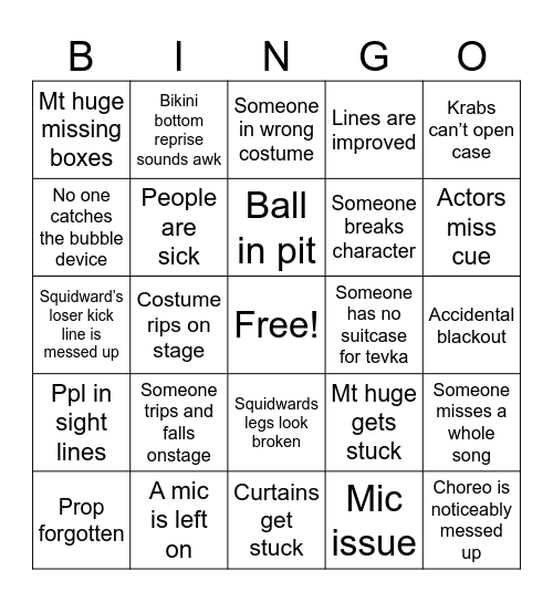 Possible Mishaps Bingo Card