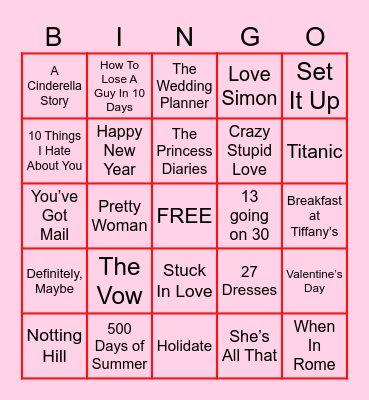 Romantic Comedies Bingo Card