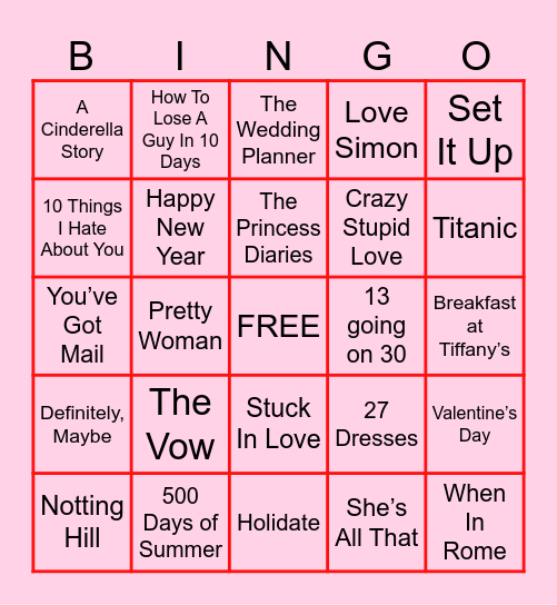 Romantic Comedies Bingo Card