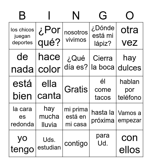 Los Verbos Bingo Card
