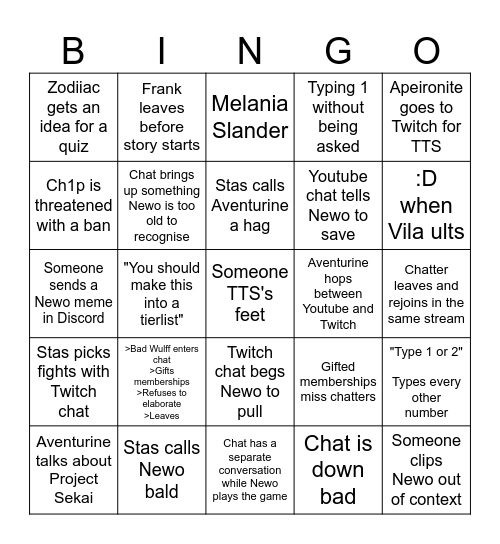 Newo Chat Starter Pack Bingo Card