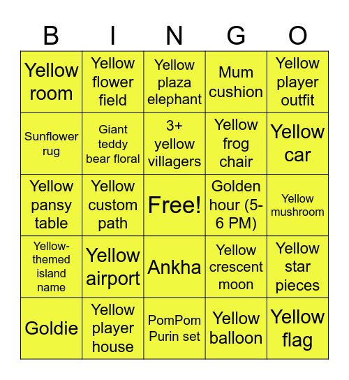 Yellow ACNH Bingo Card